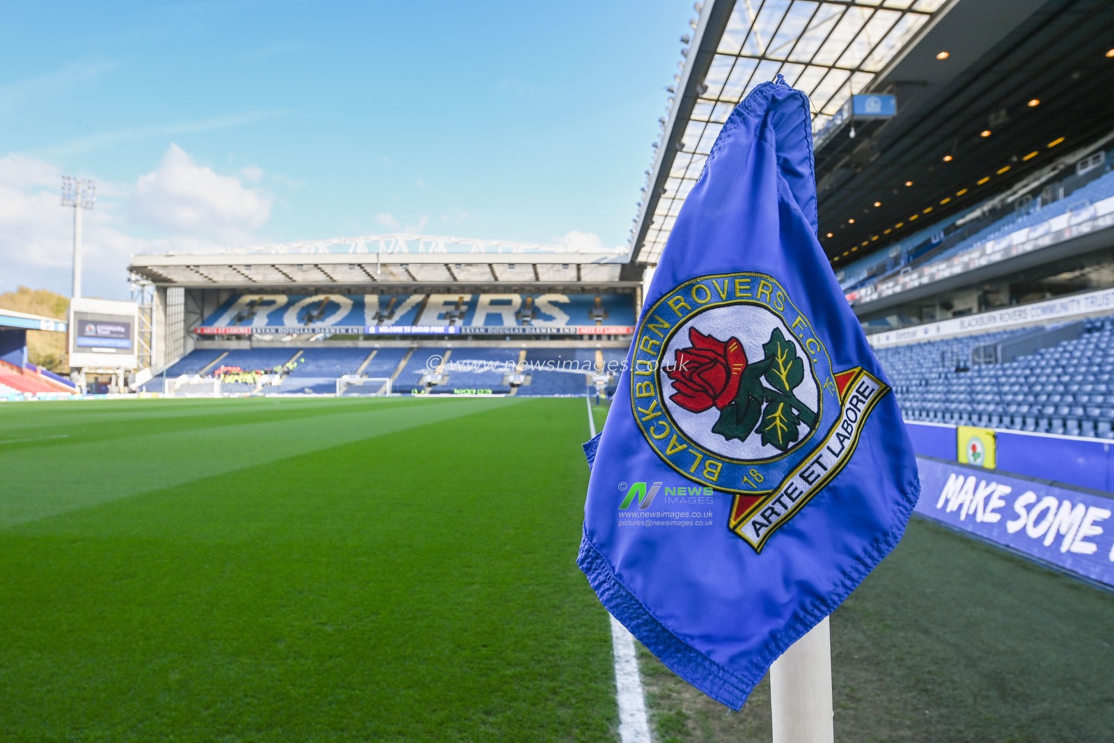 A general view of Ewood Park and the corner flag, Home of Blackburn Rovers ahead of the Sky Bet Championship match Blackburn Rovers vs Burnley at Ewood Park, Blackburn, United Kingdom, 25th April 2023

(Photo by Craig Thomas/News Images)