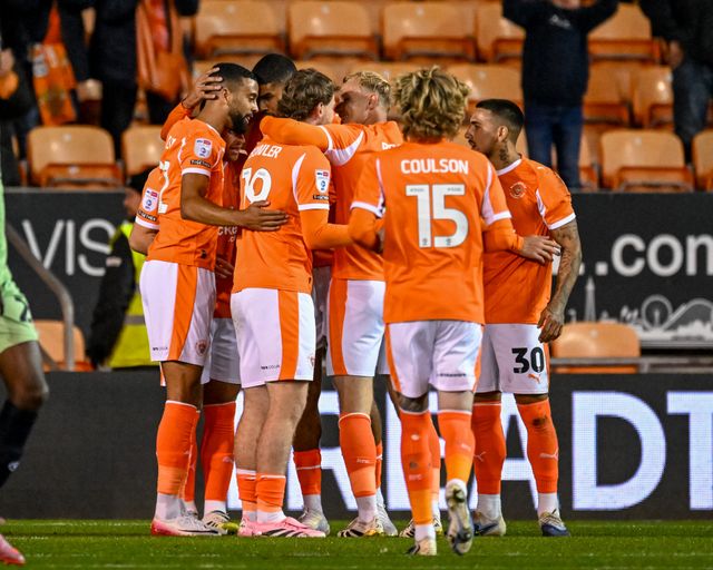 Team mates celebrate the opening goal, by Andy Lyons of Blackpoolduring the Sky Bet League 1 match Blackpool vs Luton Town at Bloomfield Road, Blackpool, United Kingdom, 30th September 2025

(Photo by Adam Gee/News Images)
