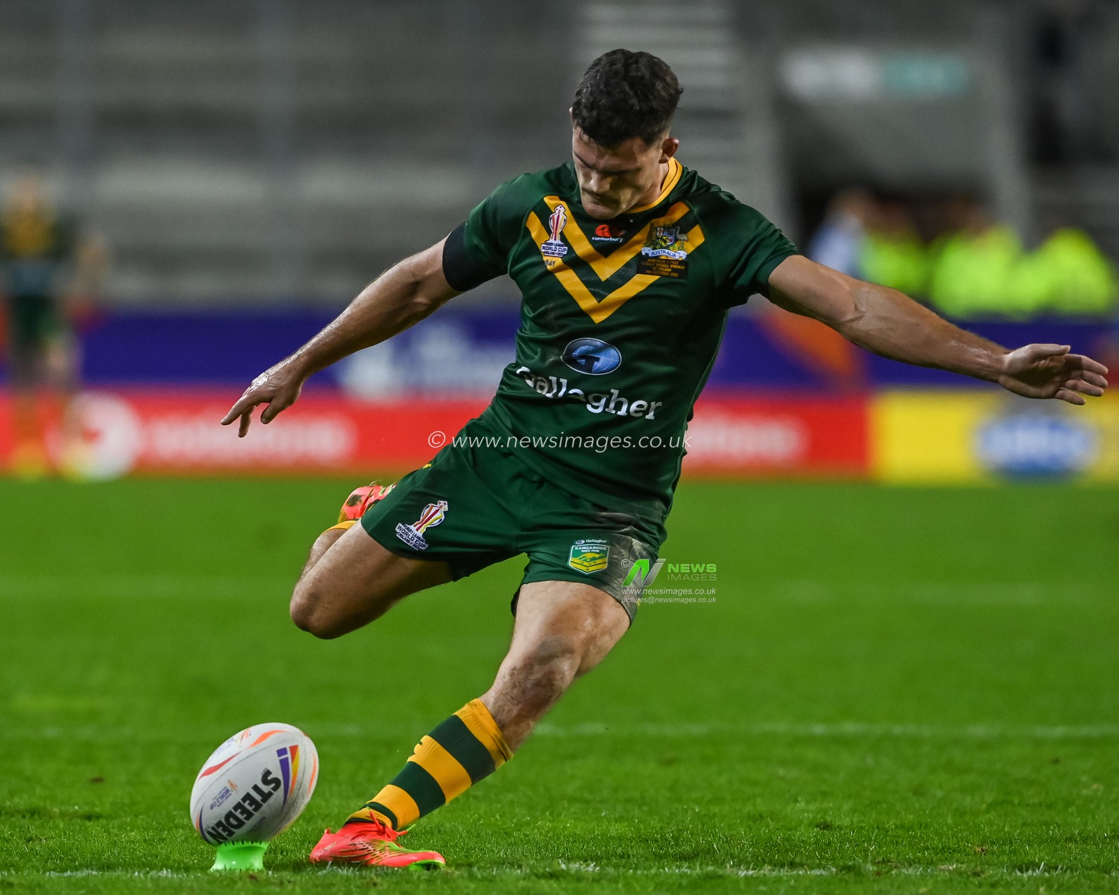 Nathan Cleary of Australia converts his sides try during the Rugby League World Cup 2021 match Australia vs Italy at Totally Wicked Stadium, St Helens, United Kingdom, 29th October 2022

(Photo by Craig Thomas/News Images)