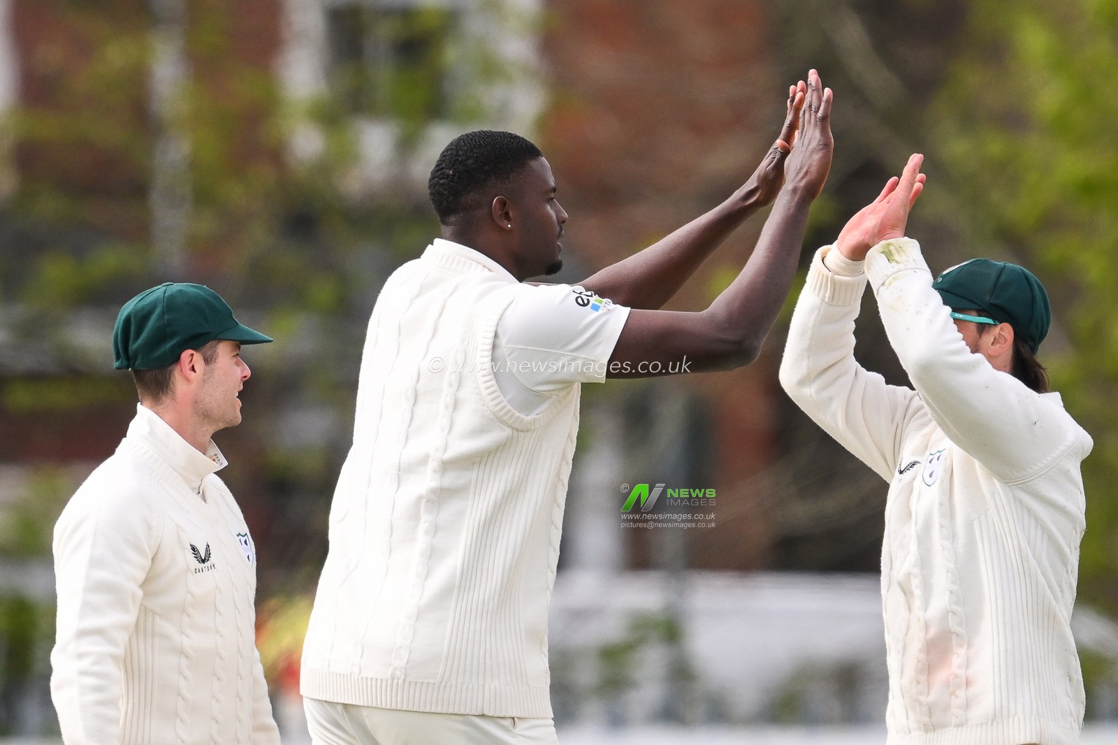 Jason Holder of Worcestershire celebrates taking the wicket of Andy Umeed of Somerset caught by Gareth Roderick of Worcestershire during the Vitality County Championship Division 1 match Worcestershire vs Somerset at Kidderminster Cricket Club, Kidderminster, United Kingdom, 26th April 2024

(Photo by Craig Thomas/News Images)
