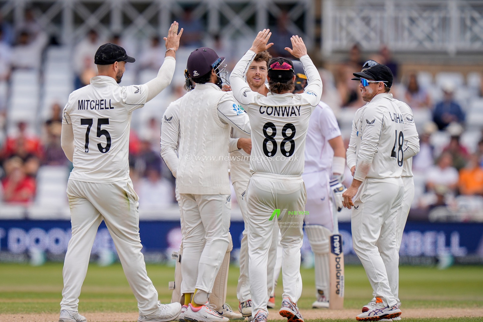Mitchell Santner celebrates the wicket of Gus Atkinson of England trapped LBW during the 3rd Rothesay Test Match Day 5 match England vs New Zealand at Trent Bridge, Nottingham, United Kingdom on 29 June 2026

(Photo by Maynard Manyowa/News Images)