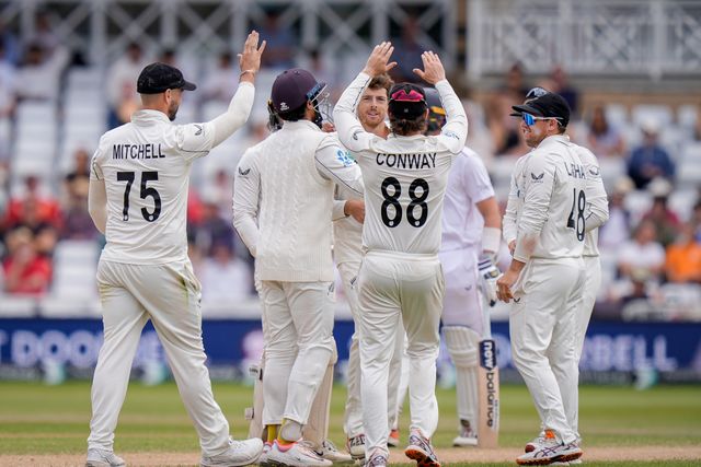 Mitchell Santner celebrates the wicket of Gus Atkinson of England trapped LBW during the 3rd Rothesay Test Match Day 5 match England vs New Zealand at Trent Bridge, Nottingham, United Kingdom on 29 June 2026

(Photo by Maynard Manyowa/News Images)