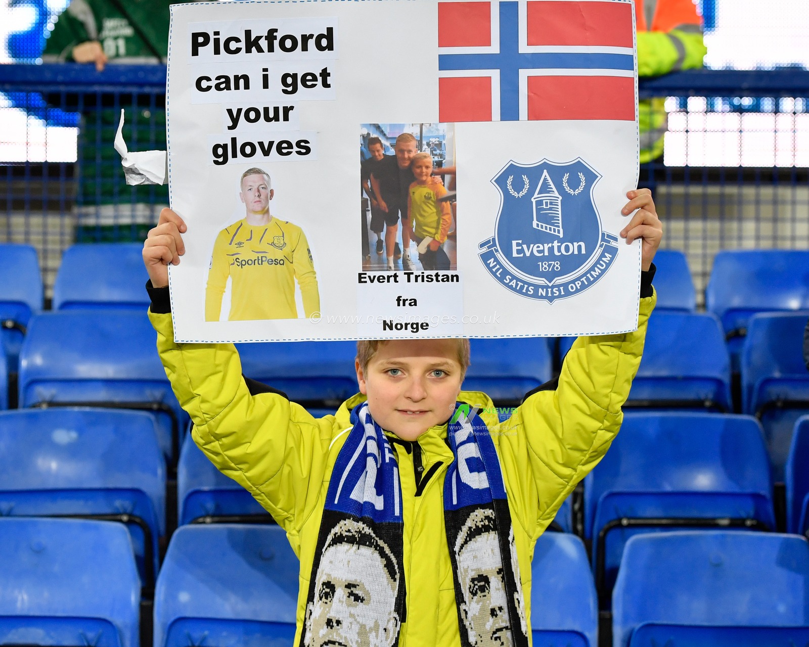 21st January 2020, Goodison Park, Liverpool, England; Premier League, Everton v Newcastle United : A young Everton fan had made the journey from Norway to be at Goodison Park this evening