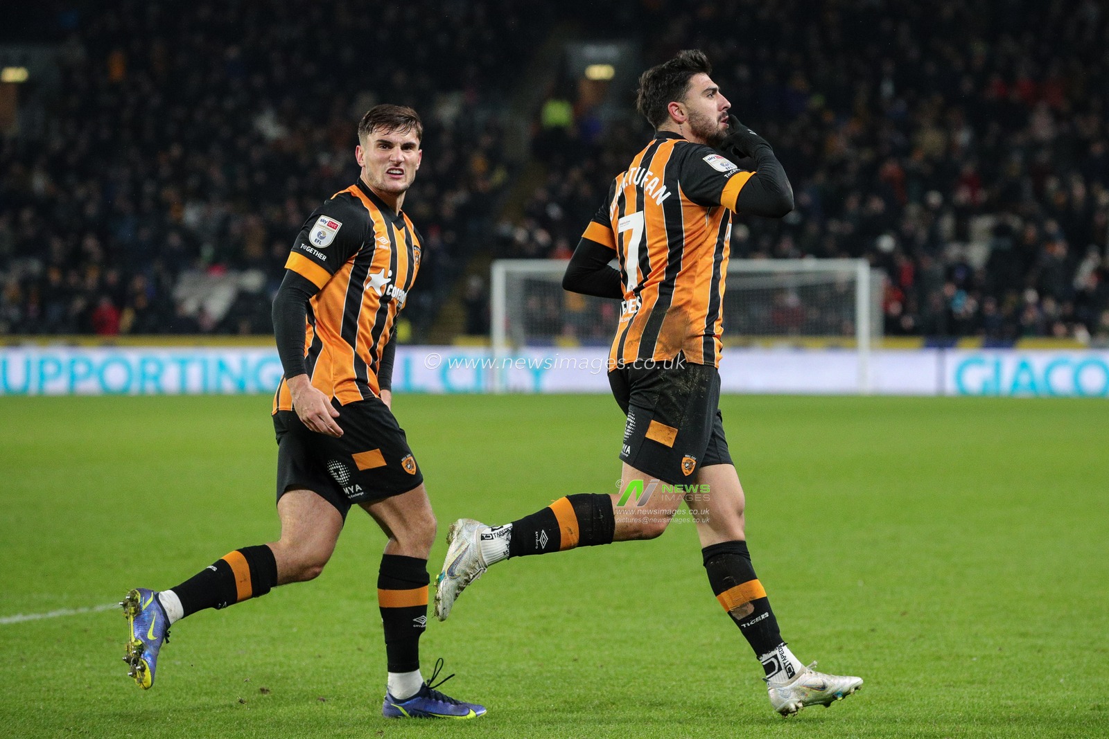 Ozan Tufan #7 of Hull City celebrates his goal with Ryan Longman and makes the score 1-1 during the Sky Bet Championship match Hull City vs Sunderland at MKM Stadium, Hull, United Kingdom, 17th December 2022

(Photo by James Heaton/News Images)