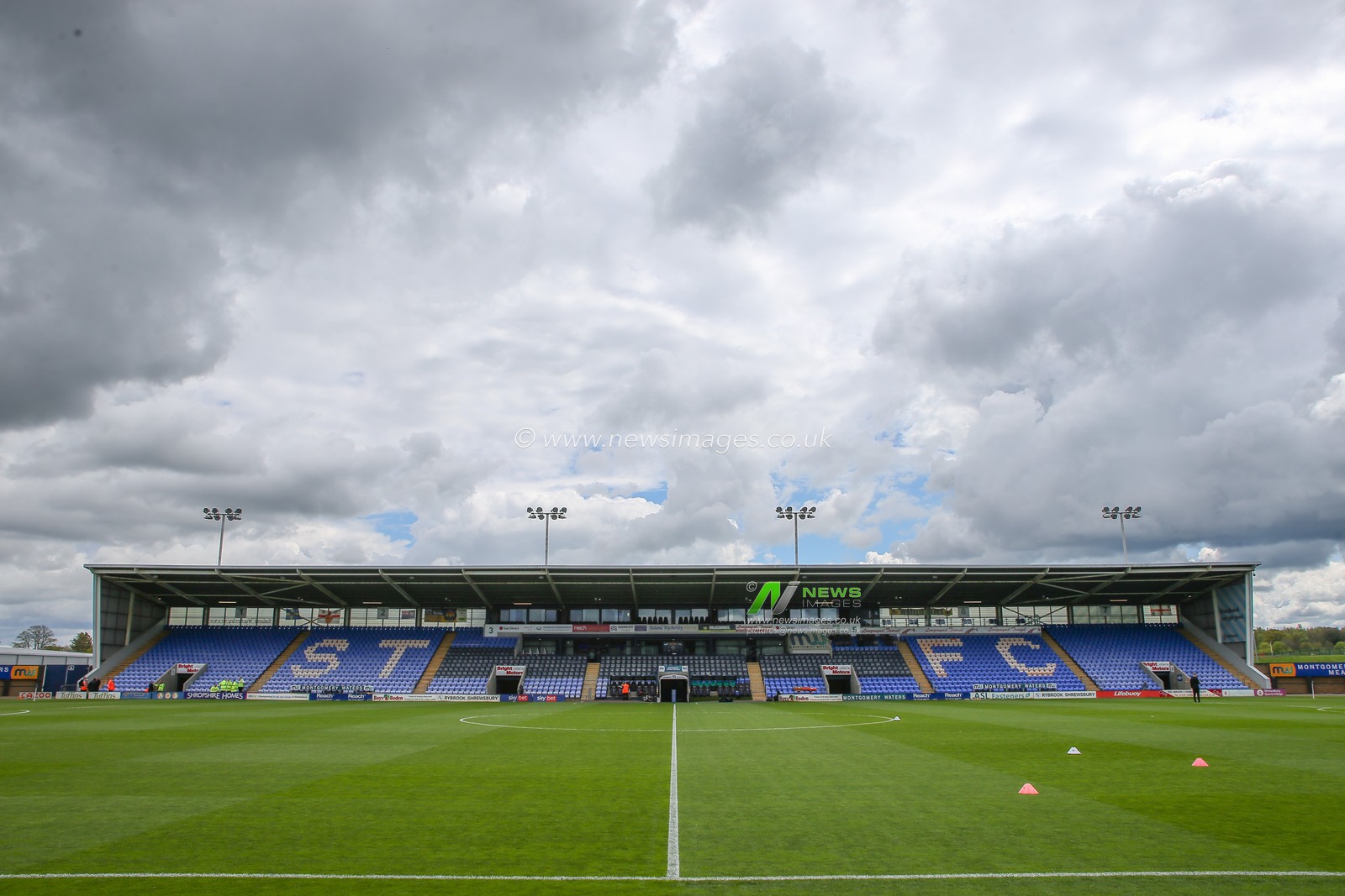A general view inside of Greenhous Meadow, home of Shrewsbury Town ahead of the Sky Bet League 1 match Shrewsbury Town vs Sheffield Wednesday at Greenhous Meadow, Shrewsbury, United Kingdom, 29th April 2023

(Photo by Gareth Evans/News Images)