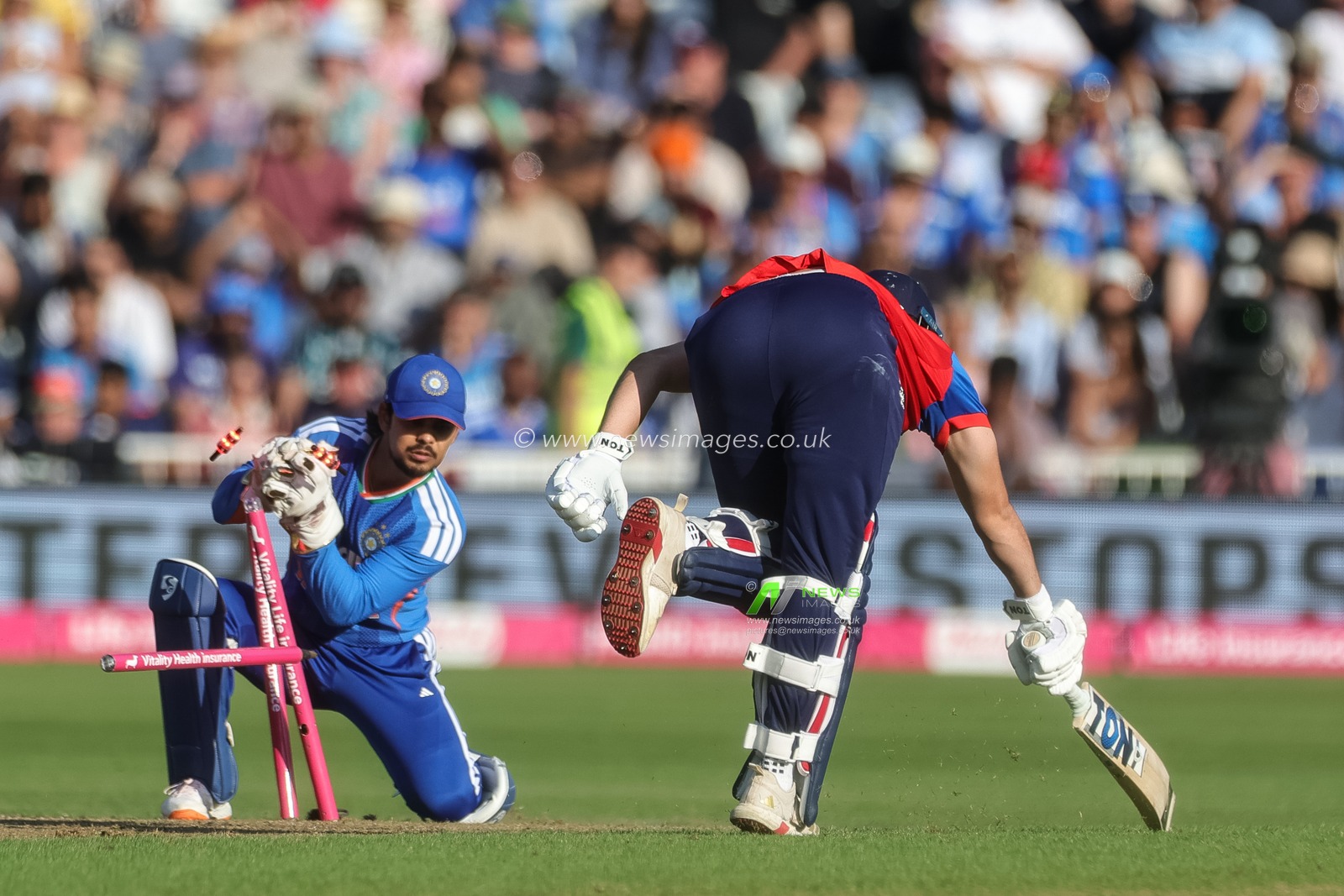 Will Jacks of England is run out by Patel/†Ishan Kishan during the Third Vitality T20 International match England vs India at Trent Bridge, Nottingham, United Kingdom on 07 July 2026

(Photo by Mark Cosgrove/News Images)