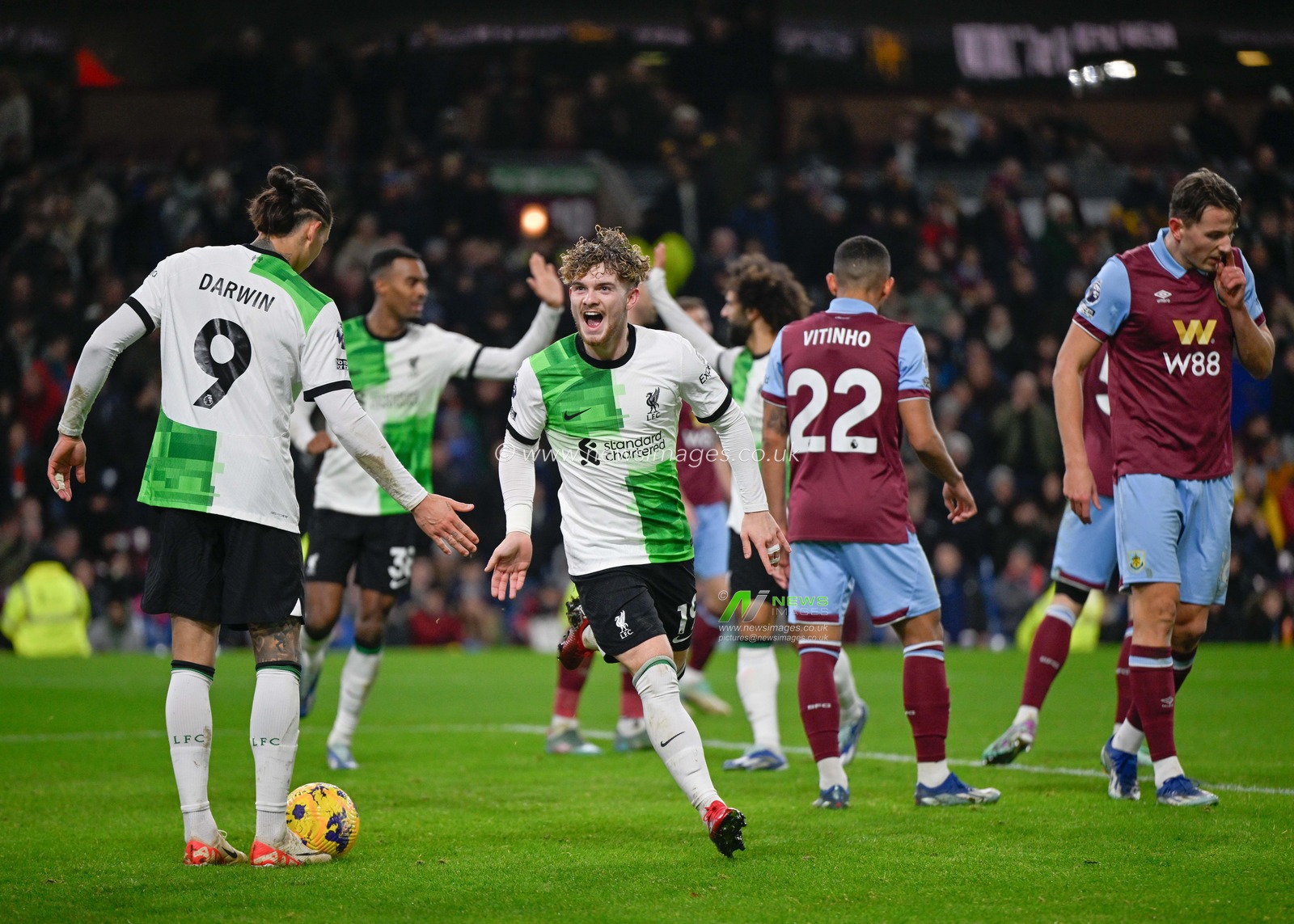 Harvey Elliott 19# of Liverpool Football Club celebrates his goal which is late ruled out for offside, during the Premier League match Burnley vs Liverpool at Turf Moor, Burnley, United Kingdom, 26th December 2023

(Photo by Cody Froggatt/News Images)