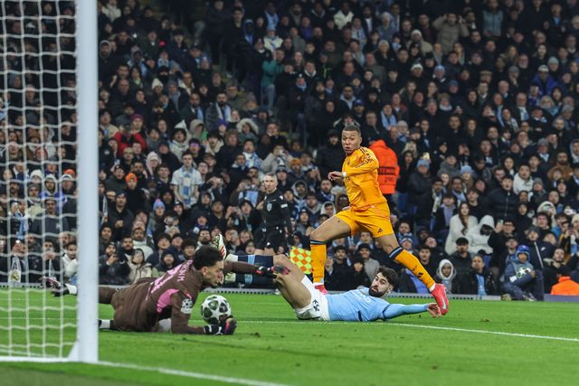 Ederson of Manchester City saves a shot from Kylian MbappÃ© of Real Madrid during the UEFA Champions League Knockout Round Play-off Manchester City v Real Madrid at Etihad Stadium, Manchester, United Kingdom, 11th February 2025

(Photo by Mark Cosgrove/News Images)