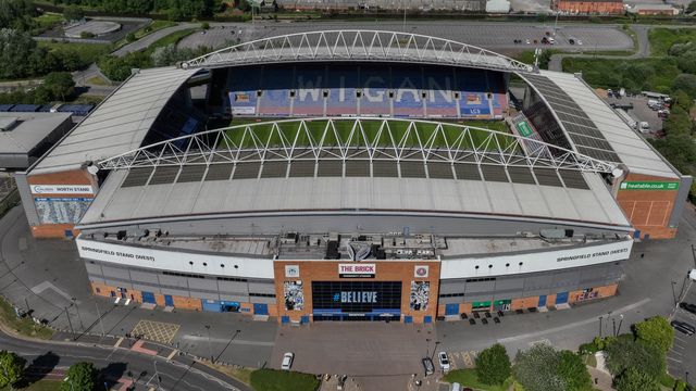 An aerial view of The Brick Community Stadium during the Betfred Super League Round 11 match Wigan Warriors vs Leigh Leopards at The Brick Community Stadium, Wigan, United Kingdom, 16th May 2025

(Photo by Mark Cosgrove/News Images)