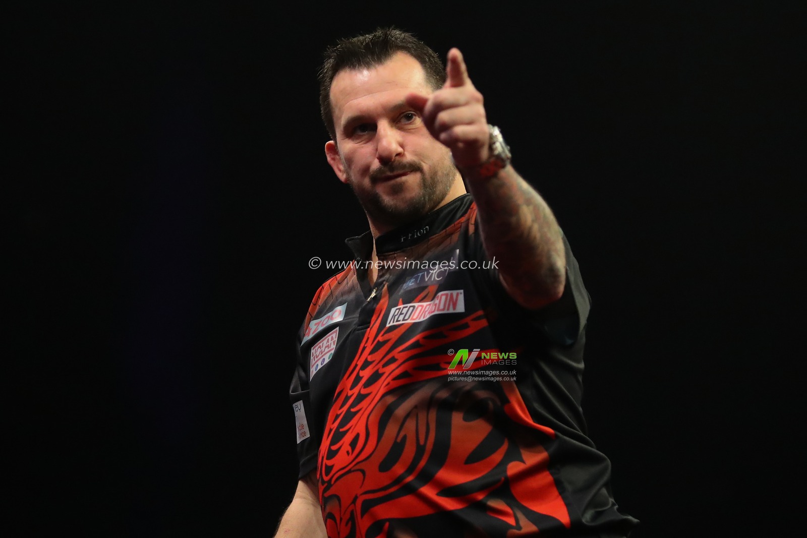 Jonny Clayton celebrates winning a leg during the 2023 Cazoo PDC Premier League Darts Night 10 at Utilita Arena Birmingham, Birmingham, United Kingdom, 6th April 2023

(Photo by Gareth Evans/News Images)
