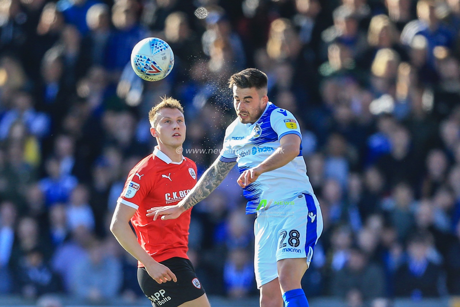 4th May 2019, Memorial Stadium, Bristol, England; Sky Bet League One, Barnsley vs Bristol Rovers ; Michael Kelly (28) of Bristol Rovers heads the ball as Cauley Woodrow (09) of Barnsley presses 


Credit: Mark Cosgrove/News Images

English Football League images are subject to DataCo Licence