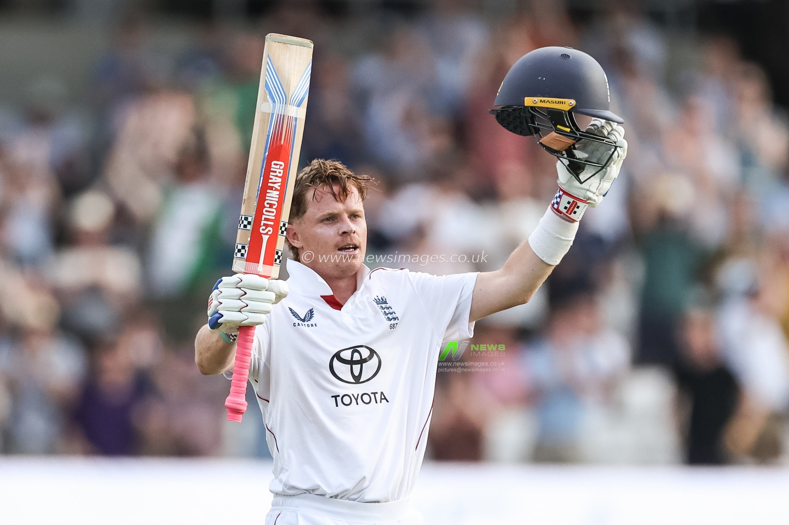 Ollie Pope of England celebrates a century (100 runs) during the 1st Rothesay Test Match Day 2 England vs India at Headingley Cricket Ground, Leeds, United Kingdom, 21st June 2025

(Photo by Mark Cosgrove/News Images)