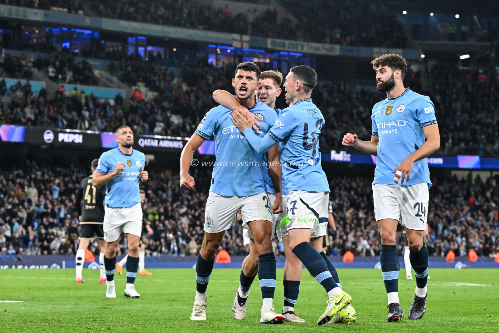 Matheus Nunes of Manchester City celebrates his goal to make it 5-0 during the UEFA Champions League, League Stage Manchester City v Sparta Prague at Etihad Stadium, Manchester, United Kingdom, 23rd October 2024

(Photo by Cody Froggatt/News Images)