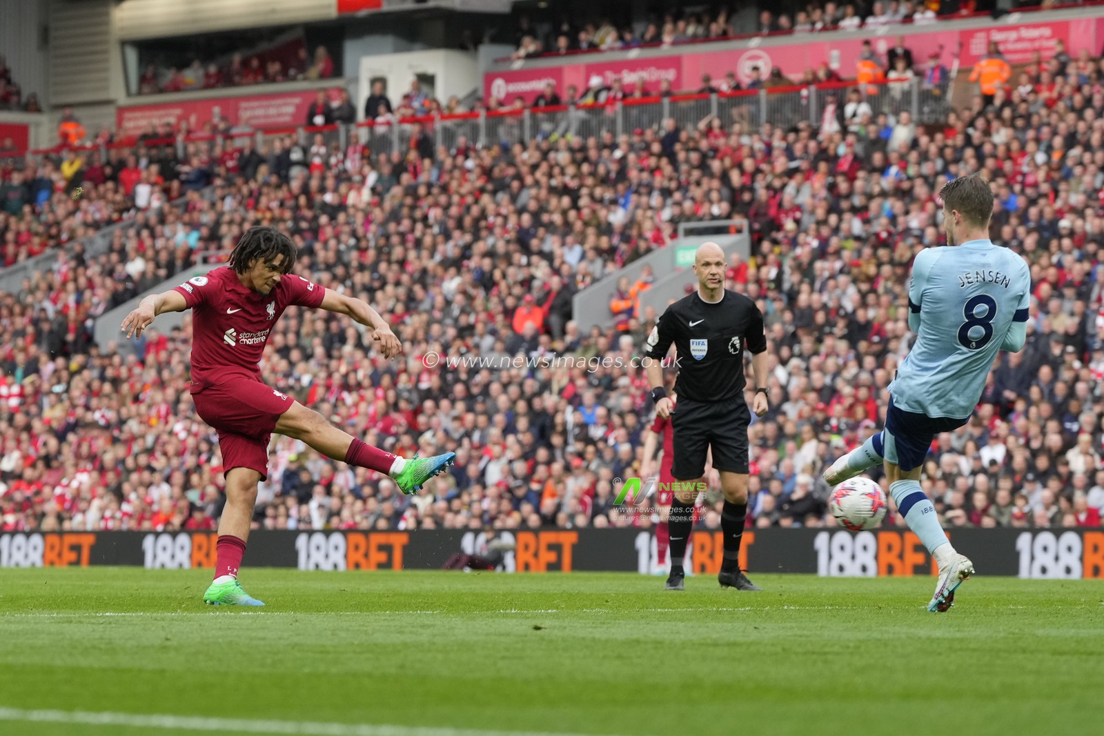 Trent Alexander-Arnold #66 of Liverpool shoots goal wards during the Premier League match Liverpool vs Brentford at Anfield, Liverpool, United Kingdom, 6th May 2023

(Photo by Steve Flynn/News Images)