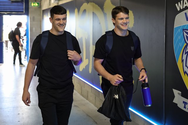 Josh Thewlis of Warrington Wolves and Jake Thewlis of Warrington Wolves arrive during the Betfred Super League round 9 match Warrington Wolves vs Wigan Warriors at The Halliwell Jones Stadium, Warrington, United Kingdom on 24 April 2026

(Photo by Mark Cosgrove/News Images)