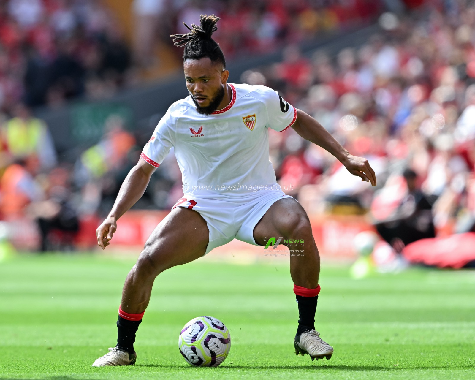 Chidera Ejuke of Sevilla in action during the Pre-season friendly match Liverpool vs Sevilla at Anfield, Liverpool, United Kingdom, 11th August 2024

(Photo by Cody Froggatt/News Images)