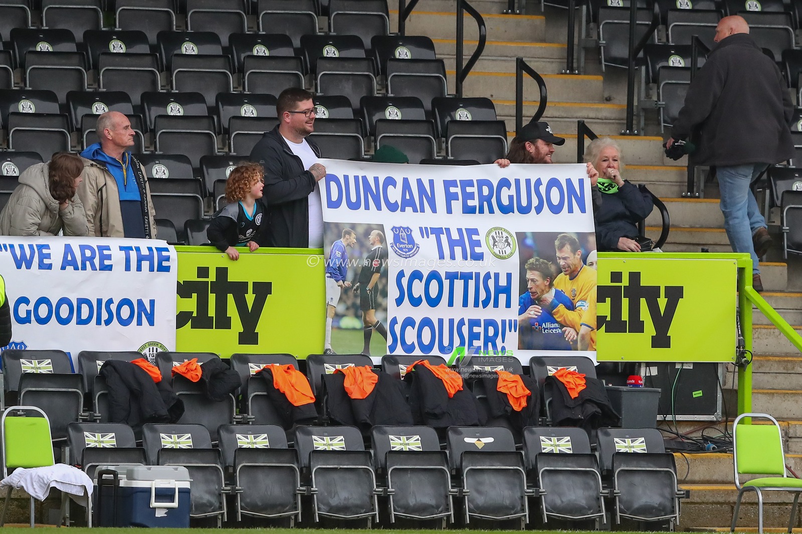 Forest Green Rovers fans with flags for Duncan Ferguson manager of Forest Green Rovers during the pre-game warm up ahead of the Sky Bet League 1 match Forest Green Rovers vs Sheffield Wednesday at The New Lawn, Nailsworth, United Kingdom, 26th March 2023

(Photo by Gareth Evans/News Images)