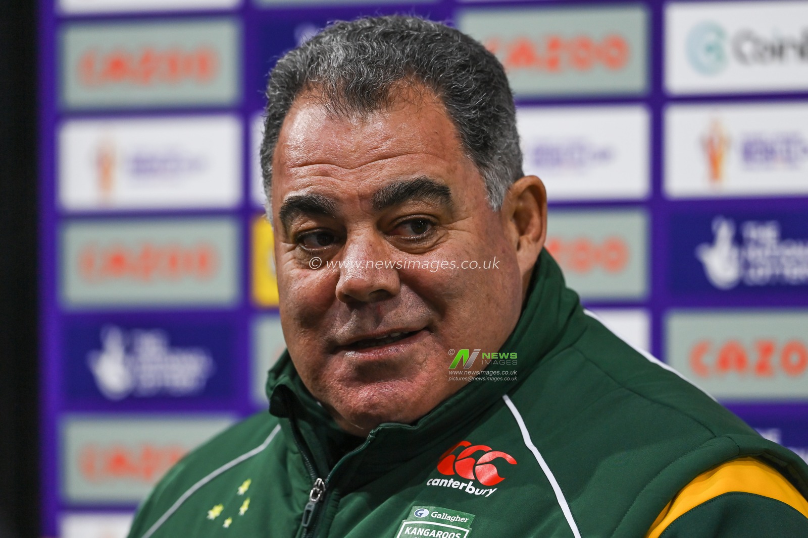 Mal Meninga Head Coach of Australia during the pre game interviews ahead of the Rugby League World Cup 2021 Quarter Final match Australia vs Lebanon at John Smith's Stadium, Huddersfield, United Kingdom, 4th November 2022

(Photo by Craig Thomas/News Images)