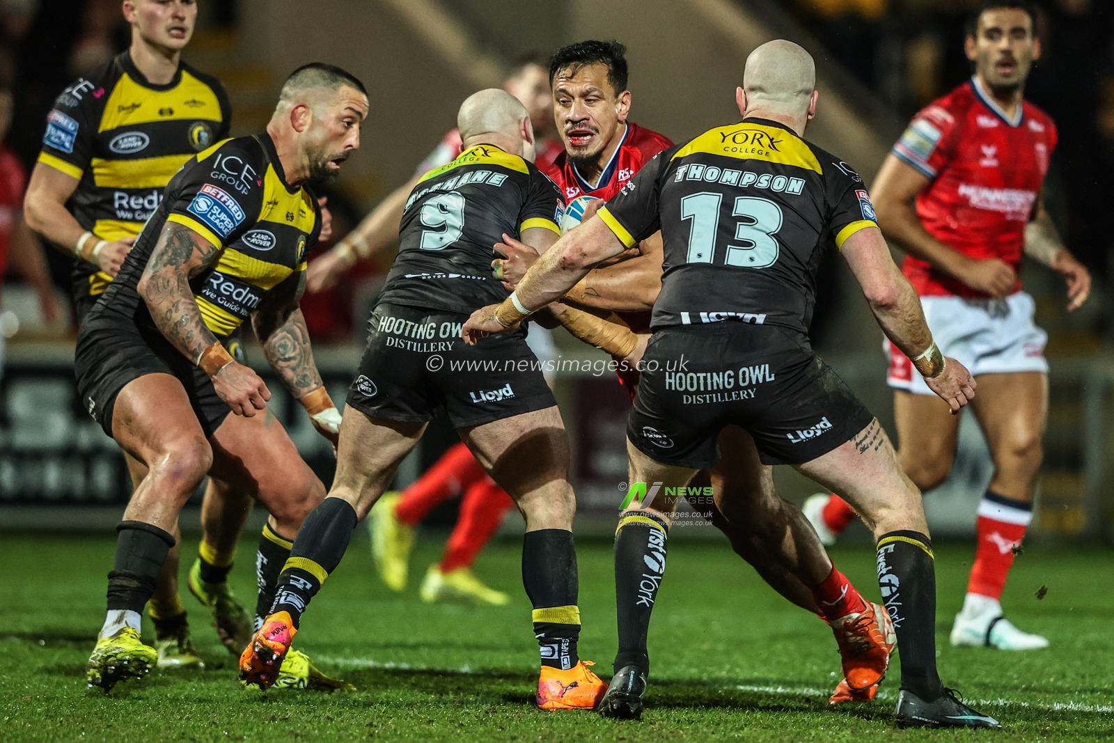Sauaso Sue of Hull KR is tackled by Paul McShane of York Knights during the Betfred Super League Round 1 match York Knights vs Hull KR at LNER Community Stadium, Lincoln, United Kingdom on 12 February 2026

(Photo by Alfie Cosgrove/News Images)