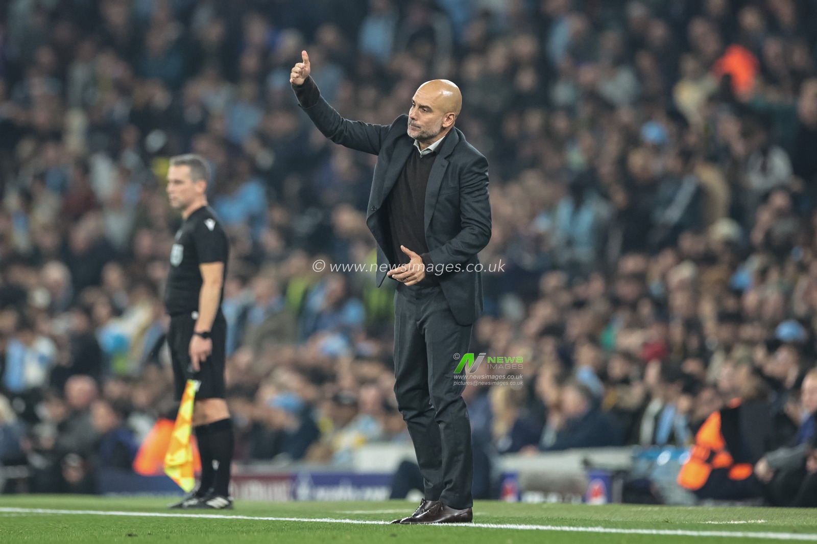 Pep Guardiola manager of Manchester City reacts in the technical area during the UEFA Champions League Matchday 4 of 8 Manchester City vs Borussia Dortmund at the City of Manchester Stadium, Manchester, United Kingdom, 5th November 2025

(Photo by Mark Cosgrove/News Images)

*** GER AUT SUI OUT ***