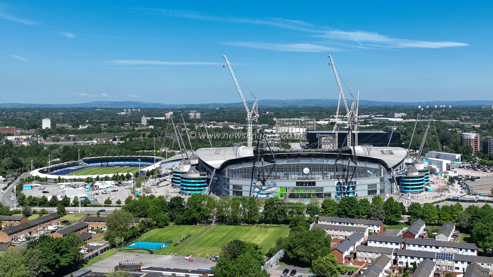An aerial view of the Etihad Stadium ahead of the Premier League match Manchester City vs West Ham United at Etihad Stadium, Manchester, United Kingdom, 19th May 2024

(Photo by Mark Cosgrove/News Images)