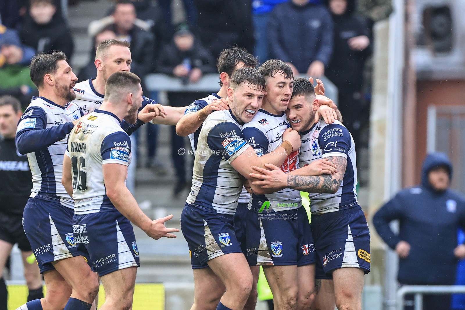 Connor Wrench #23 of Warrington Wolves celebrates his try