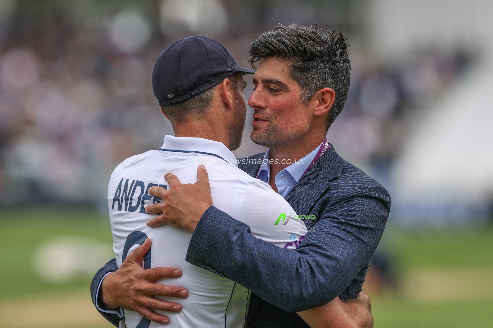 James Anderson of England is congratulated by Sir Alastair Cook CBE during the Rothesay First Test Match Day Three England v West Indies at Lords, London, United Kingdom, 12th July 2024

(Photo by Mark Cosgrove/News Images)