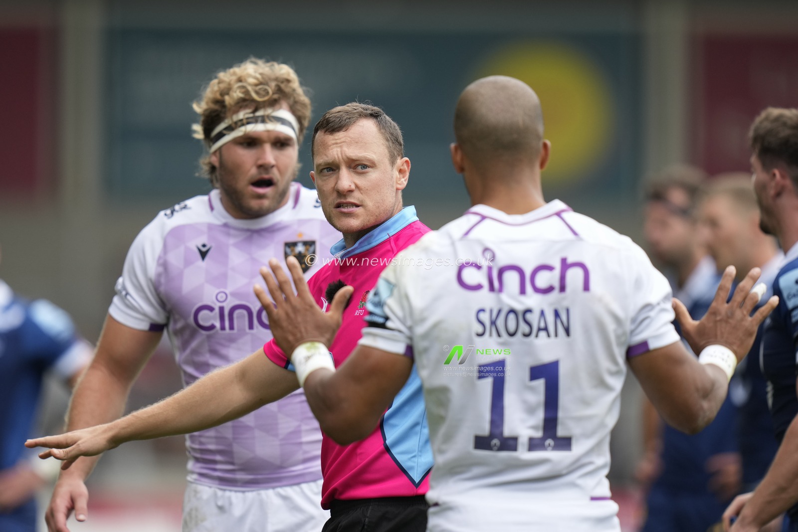 Northampton Saints Courtnall Skosan pleads innocence to Referee Tom Foley after a high tackle during the Gallagher Premiership match Sale Sharks vs Northampton Saints at AJ Bell Stadium, Eccles, United Kingdom, 11th September 2022

(Photo by Steve Flynn/News Images)