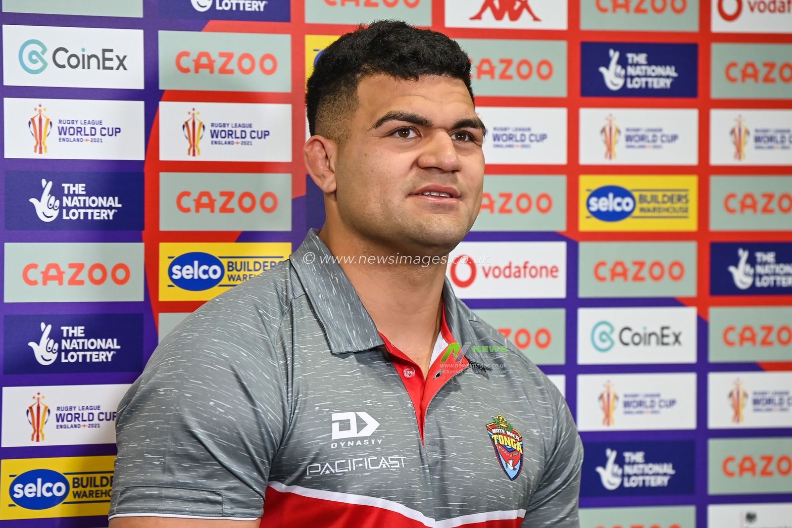 David Fifita of Tonga during the pre match interview with Jenna Brooks of sky sports ahead of the Rugby League World Cup 2021 match Tonga vs Papua New Guinea at Totally Wicked Stadium, St Helens, United Kingdom, 18th October 2022

(Photo by Craig Thomas/News Images)