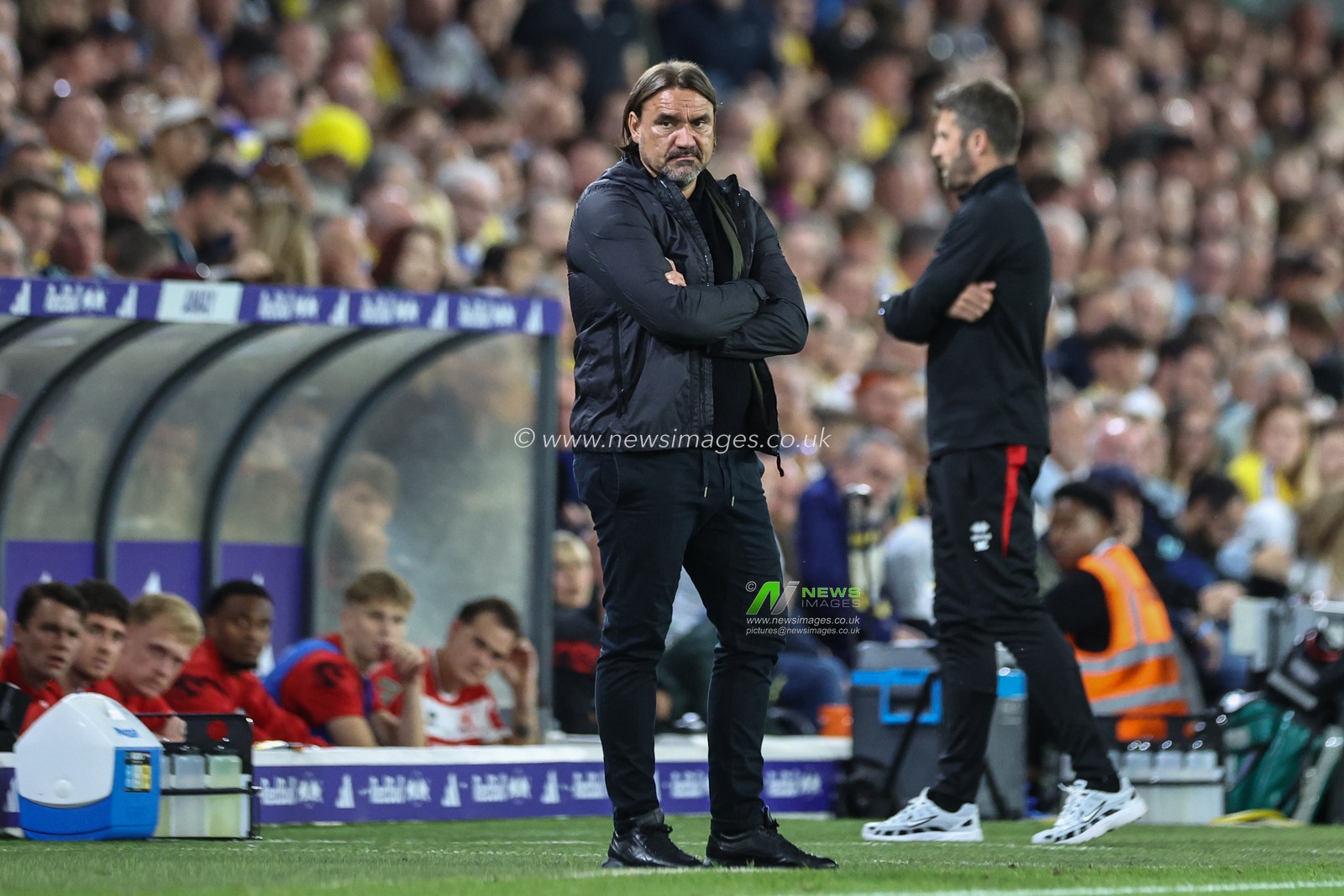 A dejected Daniel Farke manager of Leeds United looks on as his team trails 0-3 during the Carabao Cup match Leeds United vs Middlesbrough at Elland Road, Leeds, United Kingdom, 14th August 2024

(Photo by Mark Cosgrove/News Images)
