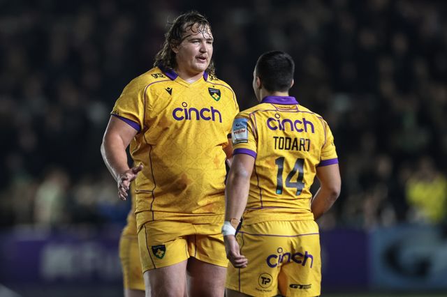 JJ van der Mescht of Northampton Saints speaks to Edoardo Todaro of Northampton Saints during the Gallagher Premiership match Newcastle Red Bulls vs Northampton Saints at Kingston Park, Newcastle, United Kingdom, 17th October 2025

(Photo by Mark Cosgrove/News Images)