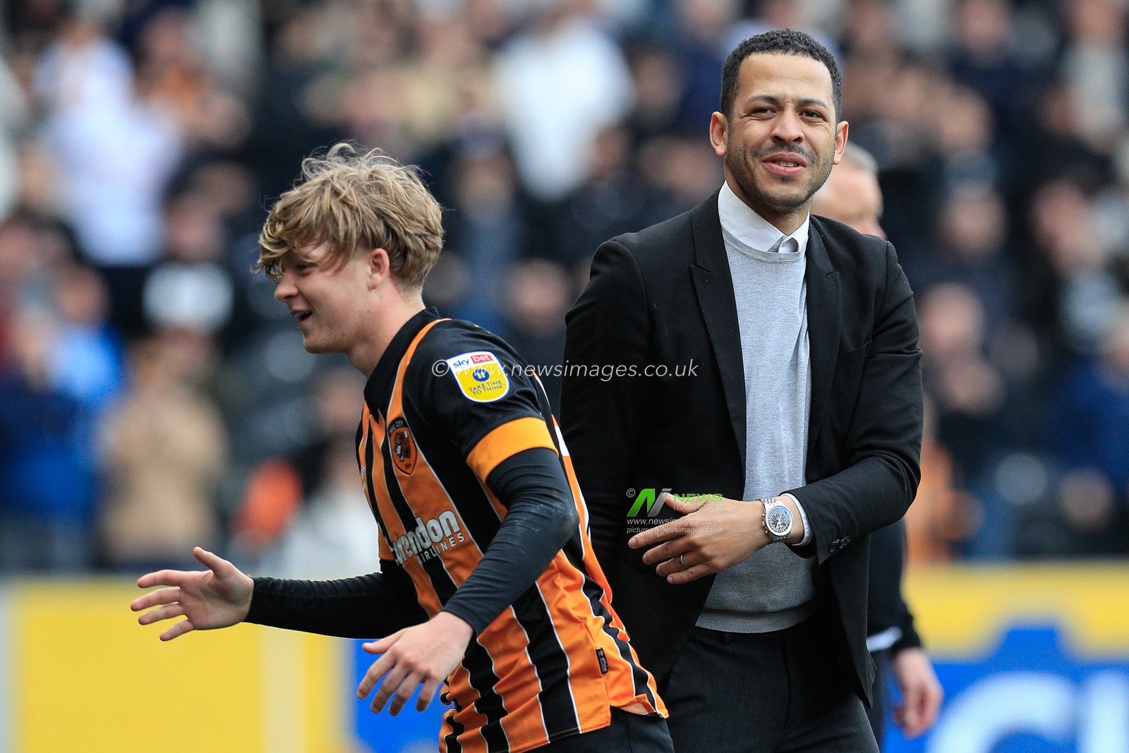 Liam Rosenior manager of Hull City with Harry Vaughan as he comes off in the second half of the Sky Bet Championship match Hull City vs Watford at MKM Stadium, Hull, United Kingdom, 22nd April 2023

(Photo by James Heaton/News Images)