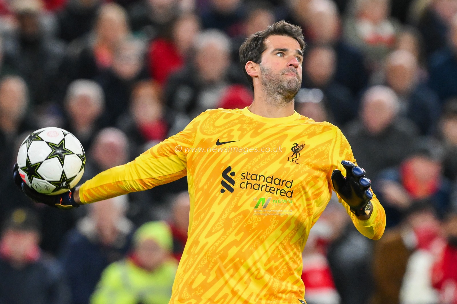 Alisson Becker of Liverpool in action during the UEFA Champions League  - League Stage match Liverpool vs Bologna at Anfield, Liverpool, United Kingdom, 2nd October 2024

(Photo by Craig Thomas/News Images)