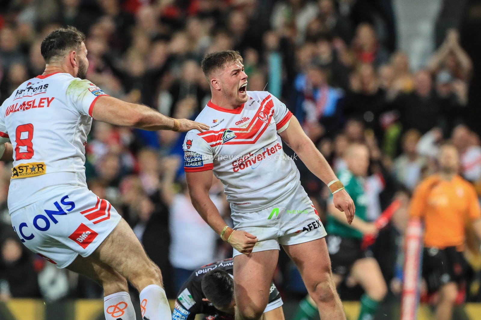 12th October 2019, Old Trafford, Manchester, England; The Grand Final 2019, Saint Helens v Salford Red Devils : Morgan Knowles (15) of St Helens celebrates his try 

Credit: Mark Cosgrove/News Images