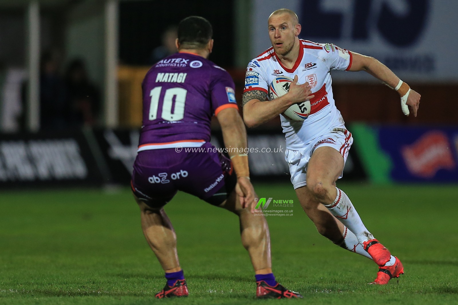 21st February 2020, Hull College Craven Park, Kingston upon Hull, England; Betfred Super League, Hull Kingston Rovers v Huddersfield Giants : Dean Hadley (13) of Hull KR runs at Suaia Matagi (10) of Huddersfield Giants