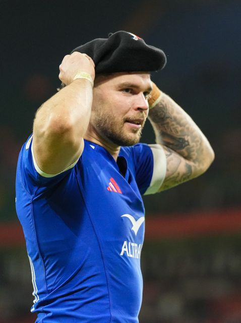 Matthieu Jalibert of France puts on a beret at the final whistle during the Guinness Six Nations match Wales vs France at Principality Stadium, Cardiff, United Kingdom, 15th February 2026

(Photo by Andrew Lewis/News Images)