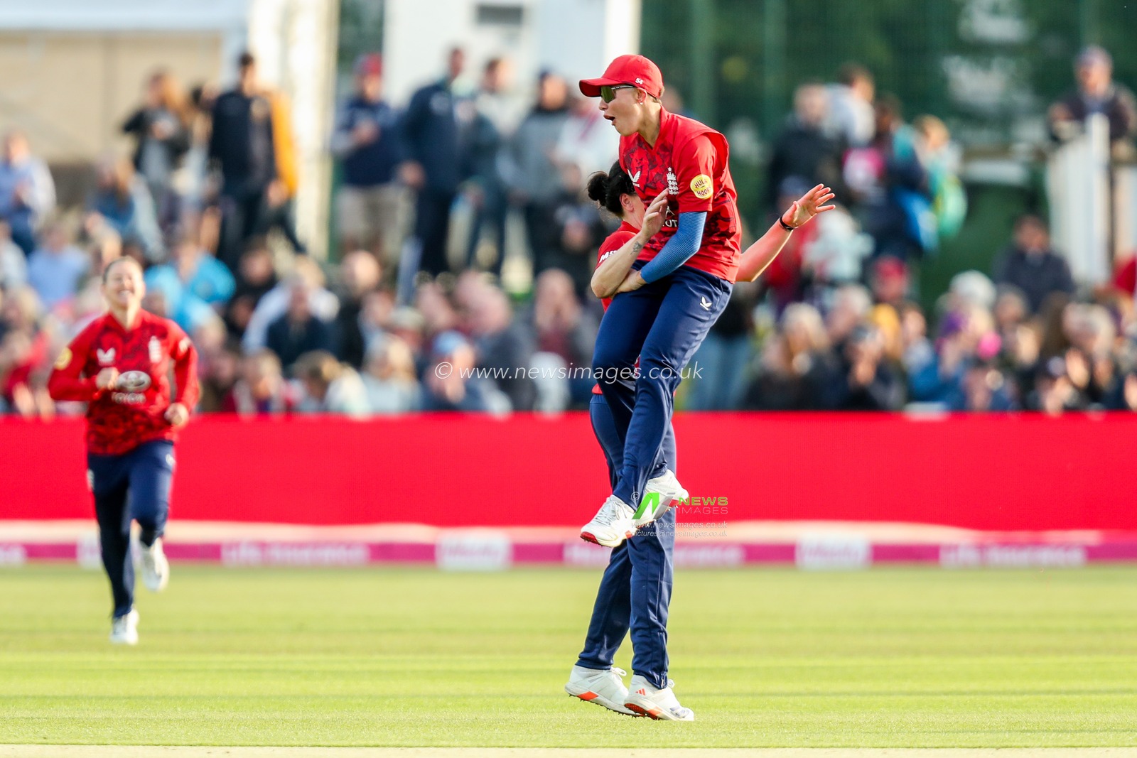 Issy Wong celebrates with Emily Arlott of England Women after the dismissal of Aaliyah Alleyne of West Indies Women  during the 1st Vitality IT20 Series England Women v West Indies Women at The Spitfire Ground, Canterbury, United Kingdom, 21st May 2025

(Photo by Izzy Poles/News Images)