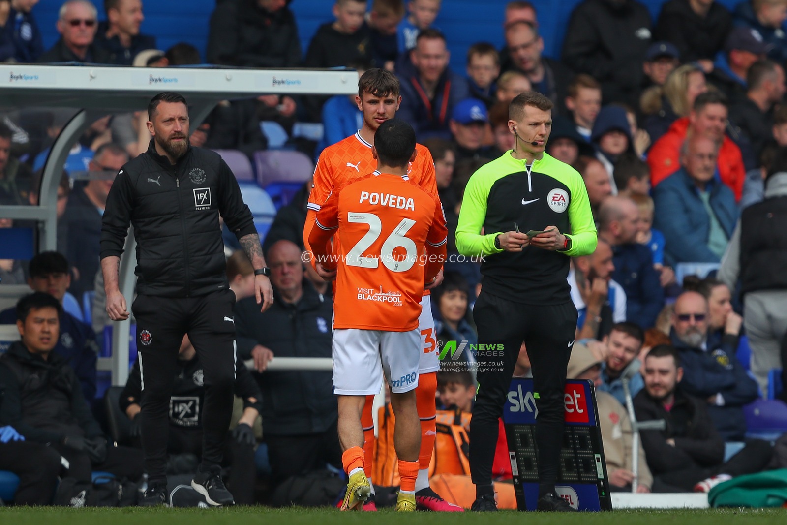 Ian Poveda #26 of Blackpool comes off for Brad Holmes #38 of Blackpool during the Sky Bet Championship match Birmingham City vs Blackpool at St Andrews, Birmingham, United Kingdom, 22nd April 2023

(Photo by Gareth Evans/News Images)