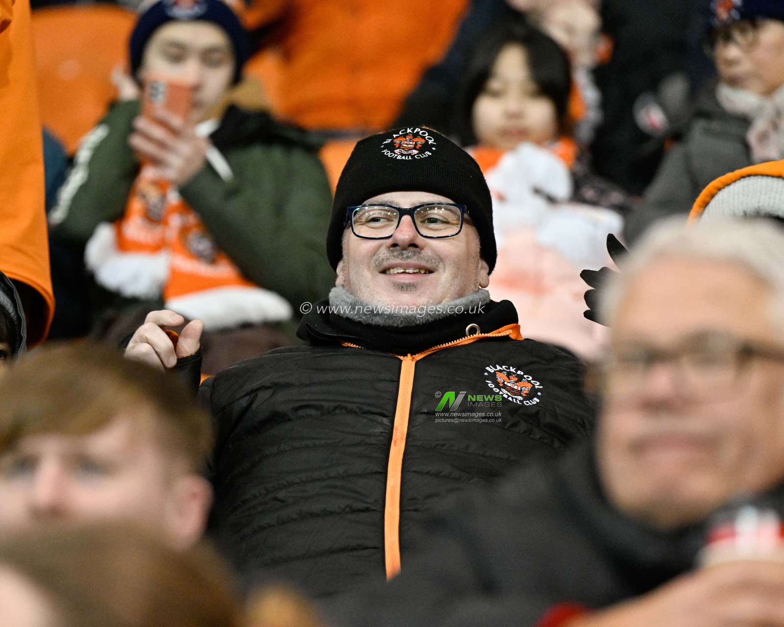Fans all smiles ahead of kick off, during the Bristol Street Motors Trophy match Blackpool vs Burton Albion at Bloomfield Road, Blackpool, United Kingdom, 10th January 2024

(Photo by Cody Froggatt/News Images)