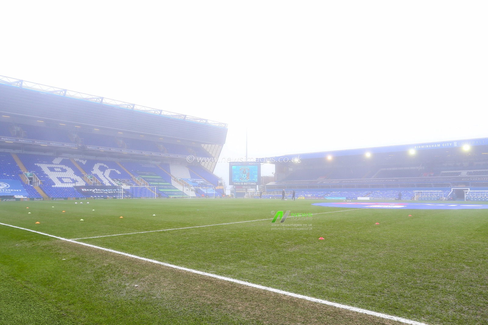 A general view of a foggy St Andrews Trillion Trophy Stadium, home to Coventry City
