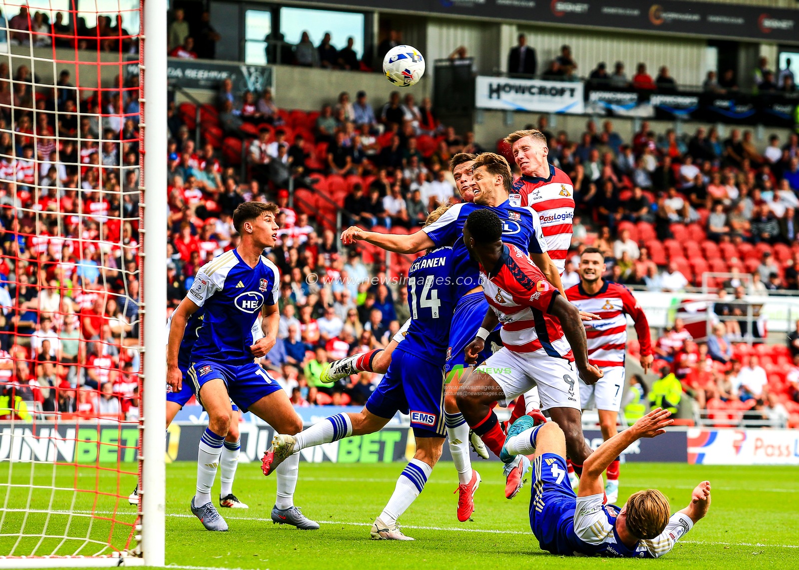 Harry Clifton of Doncaster Rovers heads the ball on goal during the Sky Bet League 1 match Doncaster Rovers vs Exeter City at Eco-Power Stadium, Doncaster, United Kingdom, 2nd August 2025

(Photo by Richard Bierton/News Images)