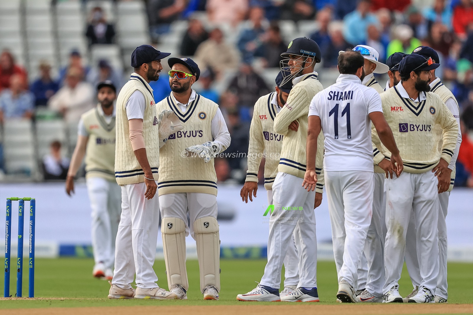 Rishabh Pant of India celebrates catching Jack Leach of England