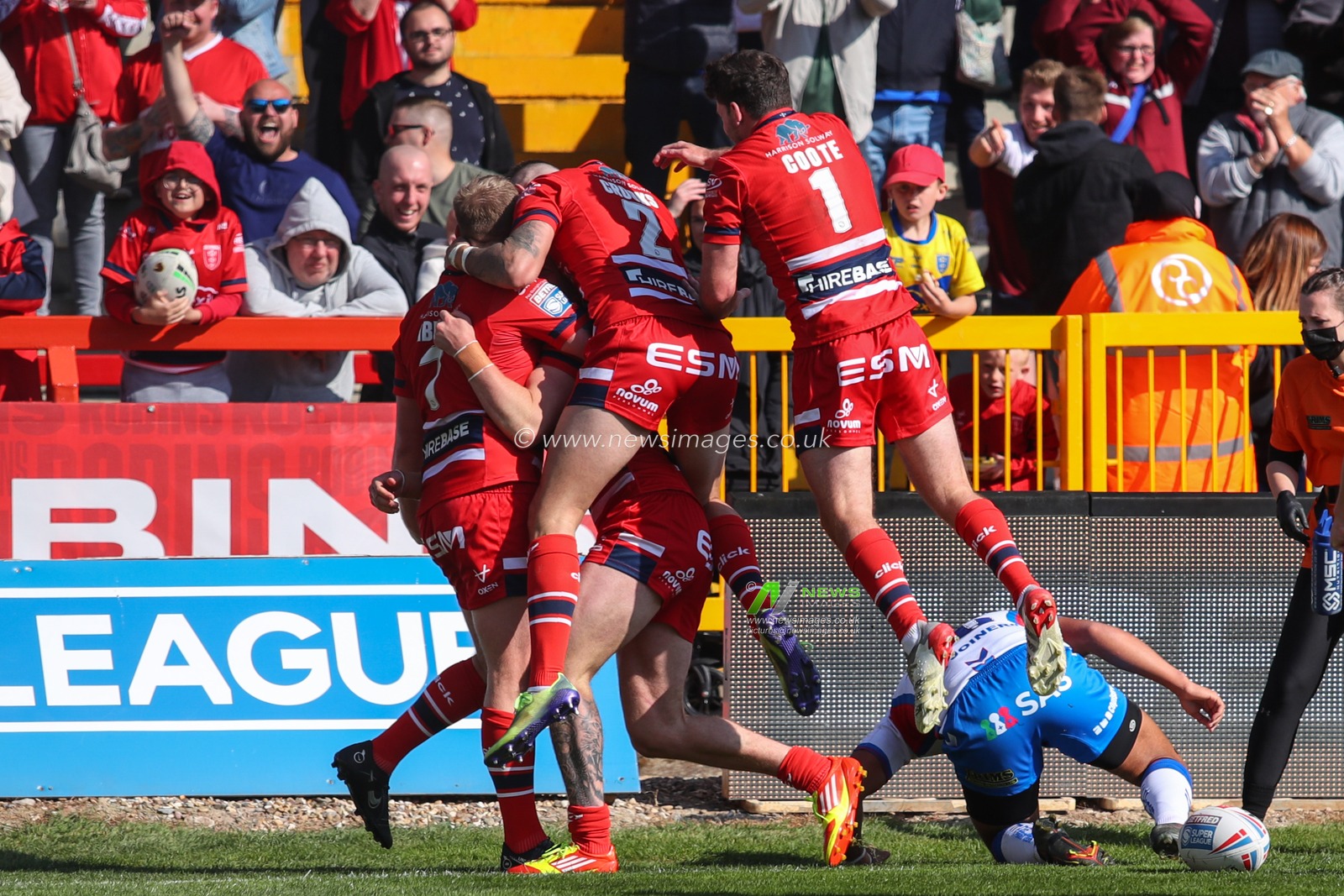 Ethan Ryan #23 of Hull KR celebrates his second try of the match