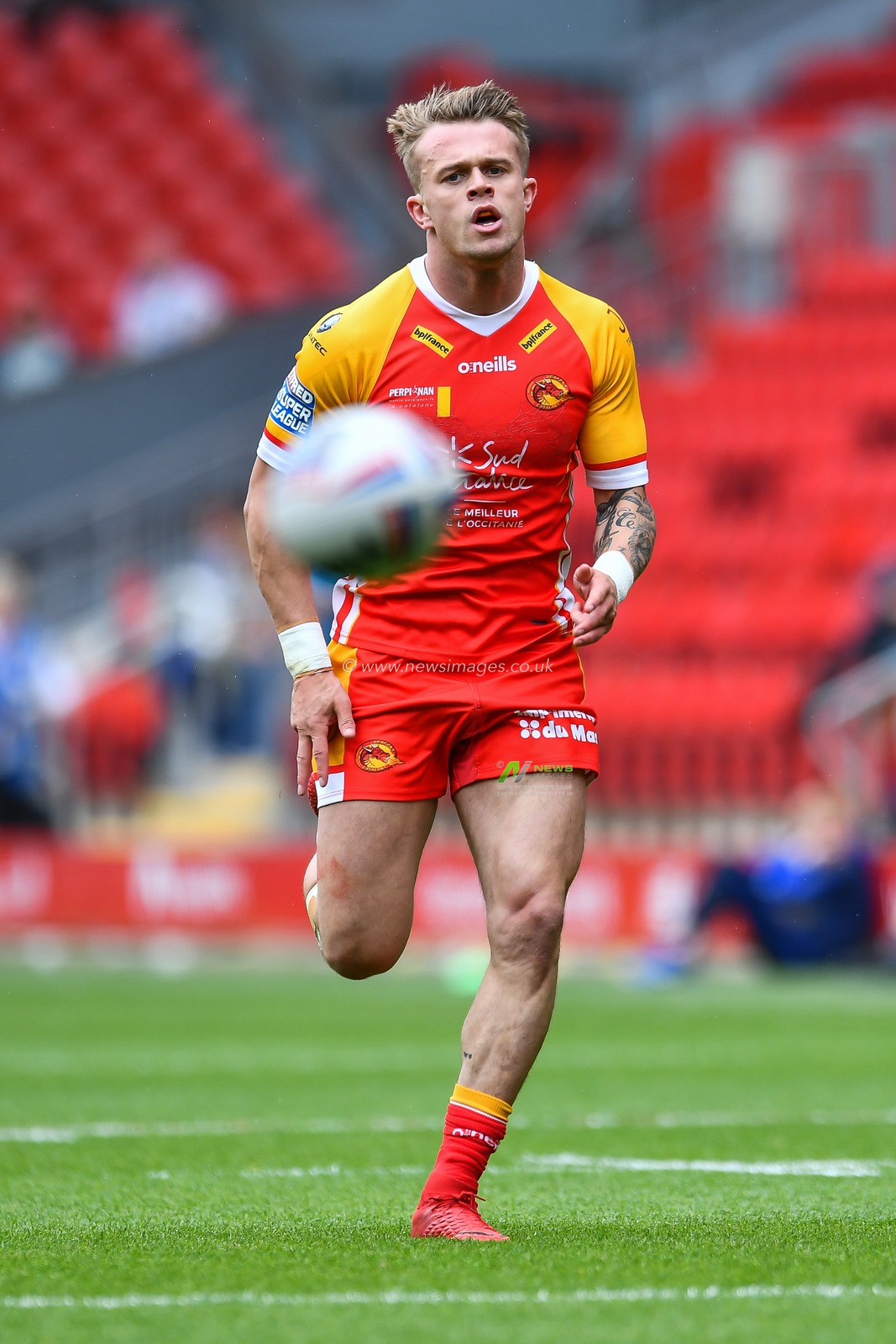 25th May 2019 , Anfield Stadium, Liverpool, England; Dacia Magic Weekend, Betfred Super League Round 16, Wakefield Trinity vs Catalans Dragons ; Lewis Tierney (5) of Catalans Dragons in action 

Credit: Craig Thomas/News Images