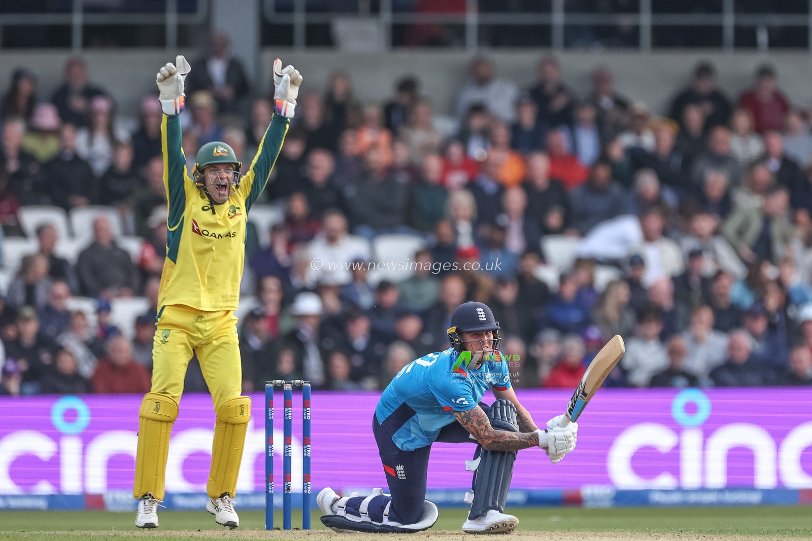 Alex Carey of Australia appeals for the LBW of Jacob Bethell of England, DRS rules him not out during the Second Metro Bank One Day International England v Australia at Headingley Cricket Ground, Leeds, United Kingdom, 21st September 2024

(Photo by Mark Cosgrove/News Images)