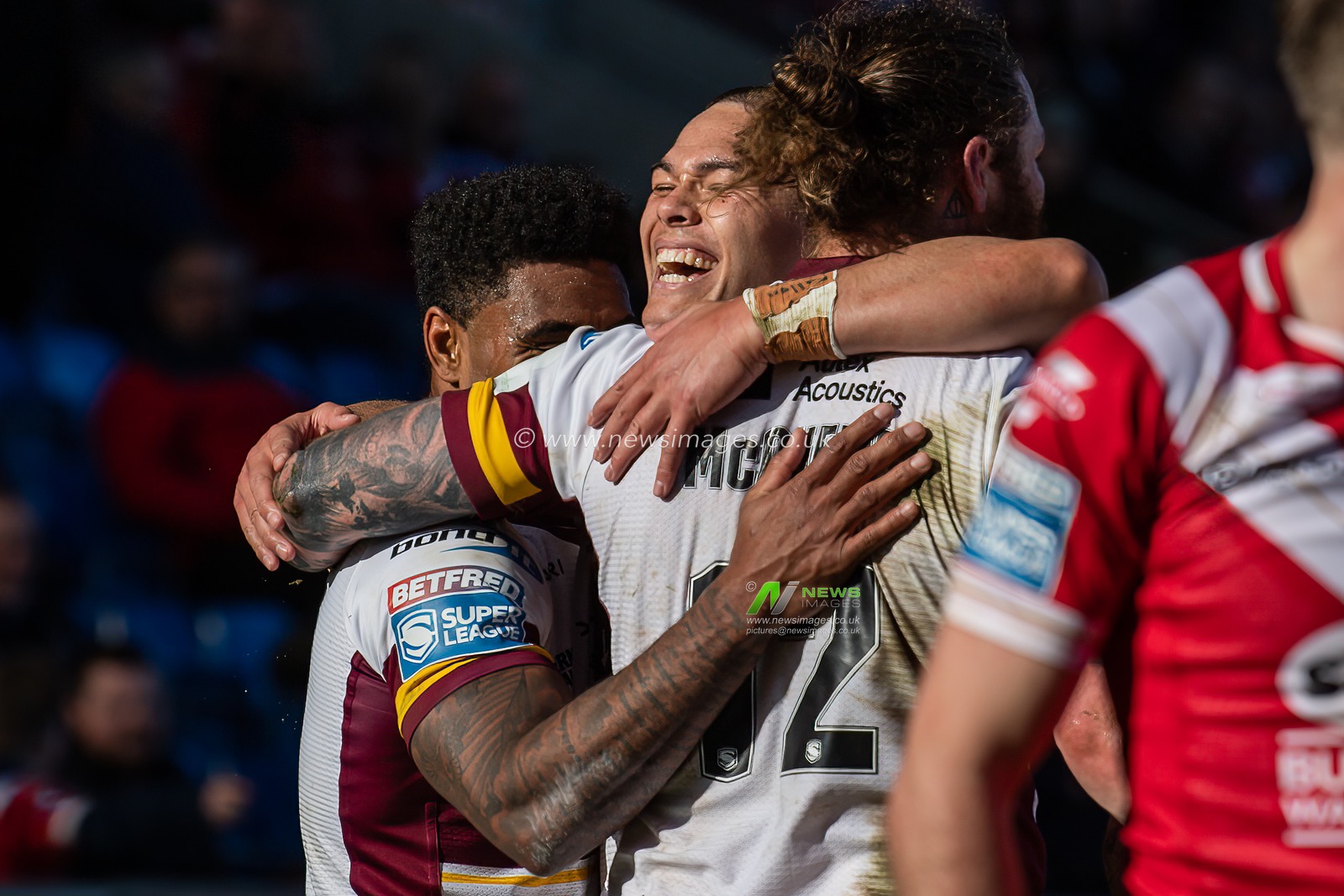 Chris McQueen #12 of Huddersfield Giants celebrates his try during the Betfred Super League Round 7 match Salford Red Devils vs Huddersfield Giants at AJ Bell Stadium, Eccles, United Kingdom, 2nd April 2023

(Photo by Craig Thomas/News Images)