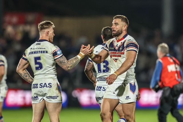 Tom Johnstone of Wakefield Trinity and \28\shake hands after the game during the Betfred Super League Round 8 match Wakefield Trinity vs Castleford Tigers at DIY Kitchens Stadium, Wakefield, United Kingdom, 17th April 2025

(Photo by Alfie Cosgrove/News Images)