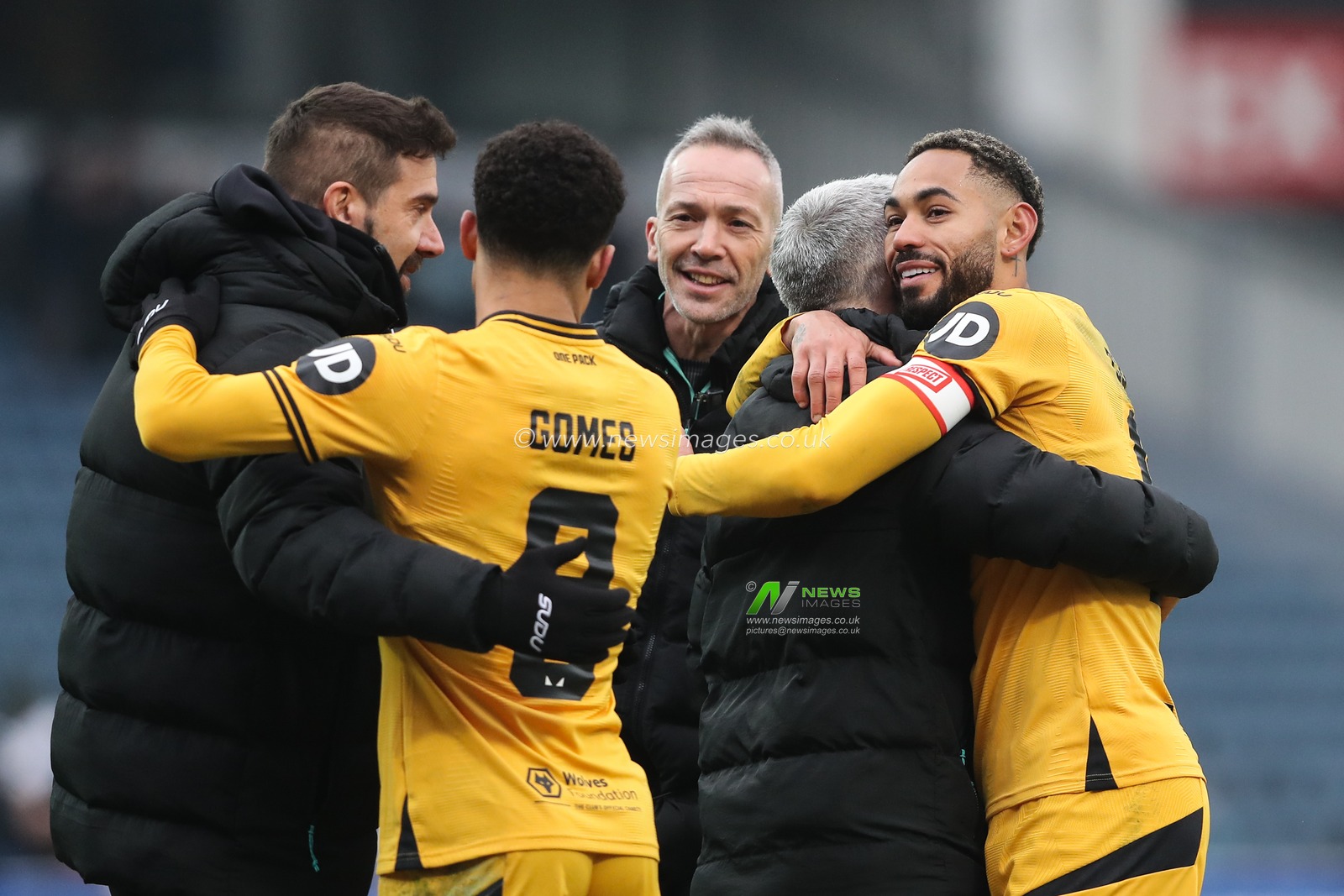 Matheus Cunha of Wolverhampton Wanderers embraces his coaching staff after the Emirates FA Cup Fourth Round Blackburn Rovers vs Wolverhampton Wanderers at Ewood Park, Blackburn, United Kingdom, 9th February 2025

(Photo by Gareth Evans/News Images)