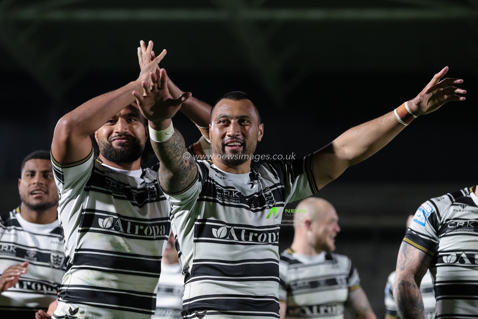 Chris Satae #10 of Hull FC and Ligi Sao #8 of Hull FC celebrate in front of the travelling fans after the Betfred Super League Round 12 match Wakefield Trinity vs Hull FC at The Be Well Support Stadium, Wakefield, United Kingdom, 11th May 2023

(Photo by James Heaton/News Images)