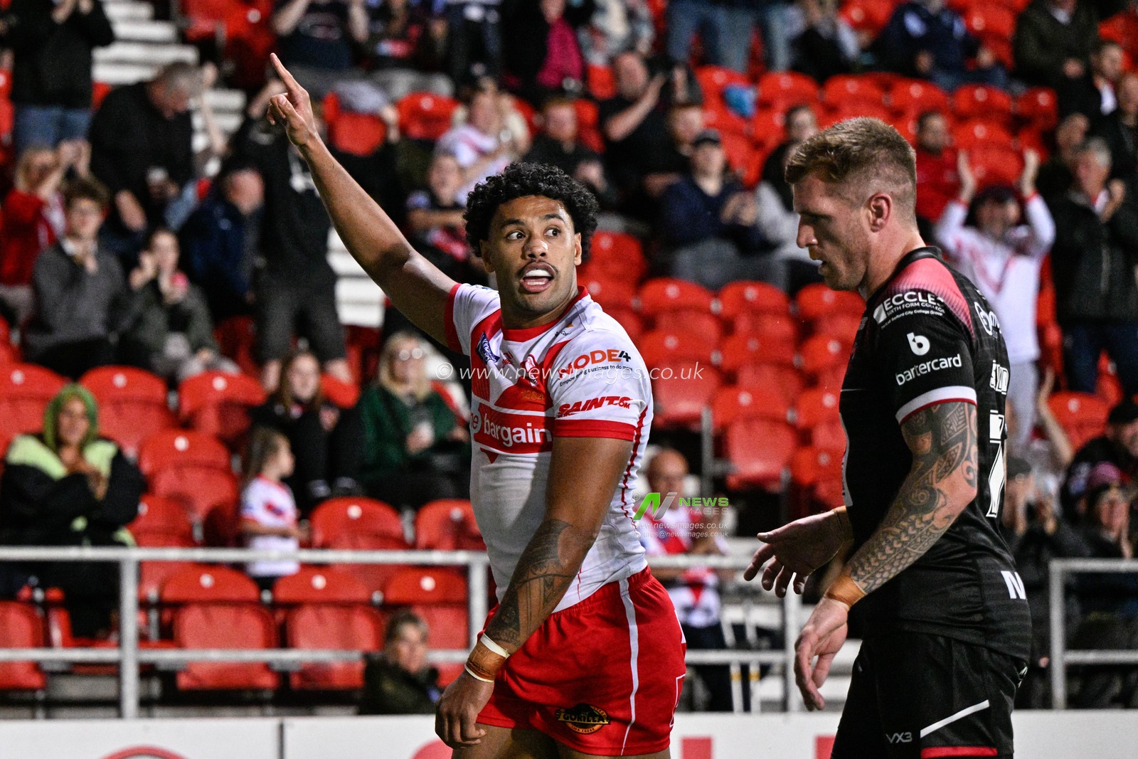 Waqa Blake of St. Helens celebrates his try to make it 8-4 St. Helens during the Betfred Super League Round 21 match St Helens vs Salford Red Devils at Totally Wicked Stadium, St Helens, United Kingdom, 8th August 2024

(Photo by Cody Froggatt/News Images)